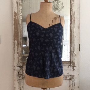 Vince Silk Calico Floral V-Neck tank, Navy, SMALL